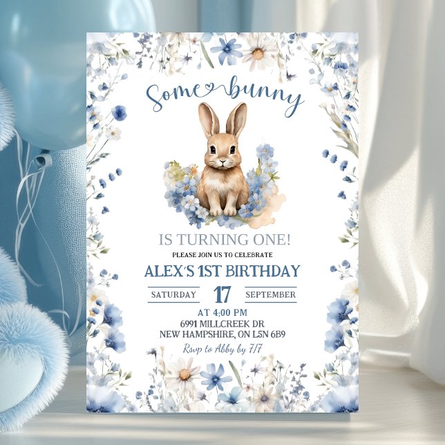 Invitación Dusty Blue Wildflower Bunny 1st Birthday (Subido por el creador)