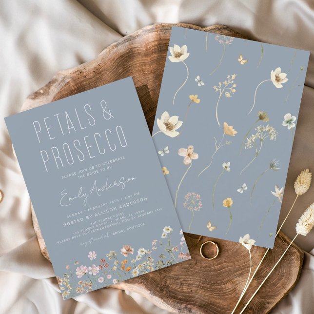 Invitación Dusty Blue Wildflower Petales & Prosecco Bridal (Subido por el creador)