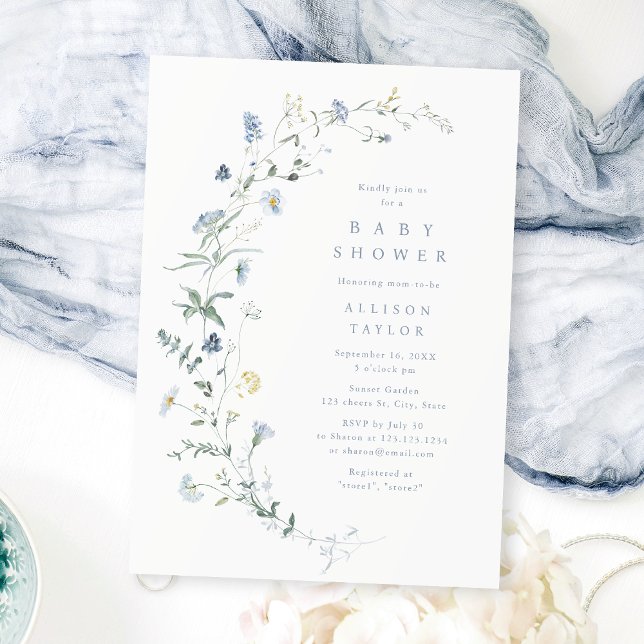 Invitación Dusty Blue Wildflower Rustic Boho Baby Shower (Dusty Blue Wildflower Rustic Boho Baby Shower Invitation)