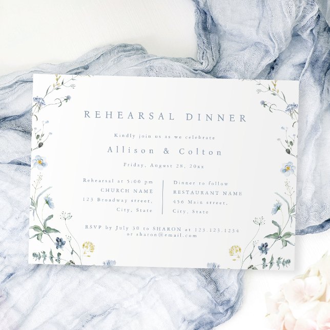 Invitación Dusty Blue Wildflower Rustic Boho Ensayo Cena (Dusty Blue Wildflower Rustic Boho Rehearsal Dinner Invitation)