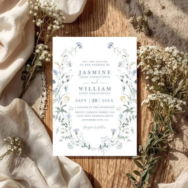 Invitación Dusty Blue Wildflower Rustic Boho QR Code Wedding (Subido por el creador)