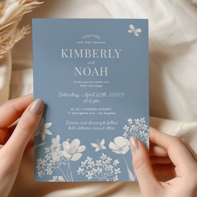 Invitación Dusty blue wildflowers boho wedding (Subido por el creador)