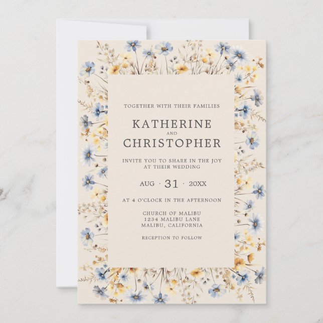 Invitación Dusty Blue Wildflowers Presupuesto Boda Beige (Anverso)