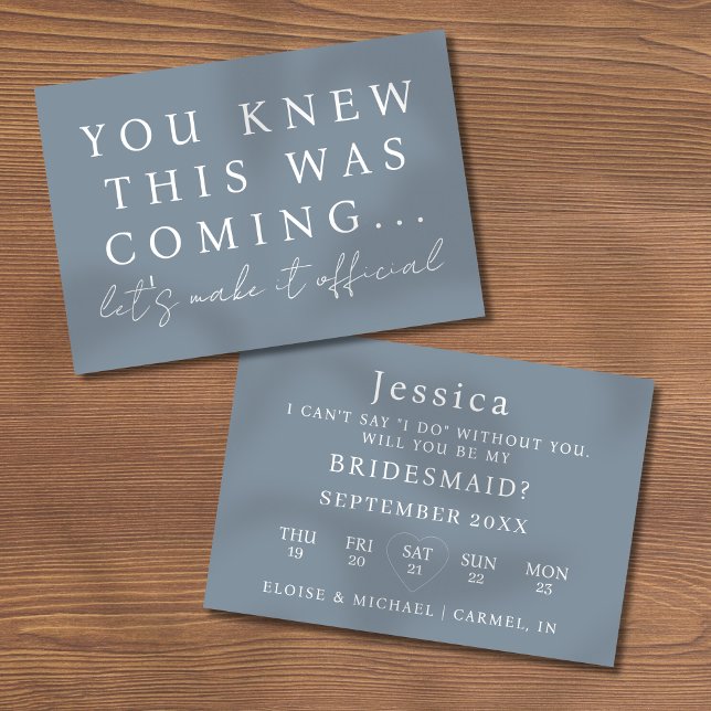 Invitación Dusty Blue Will You Be My Bridesmaid Proposal Card (Pop the question to your bridal party with this Will You Be My Bridesmaid Proposal Card! )