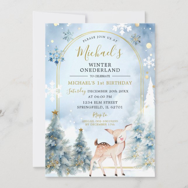 Invitación Dusty Blue Winter ONEderland Forest Primer cumplea (Anverso)