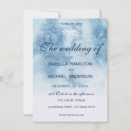 Invitación Dusty Blue Winter Script Caligrafía Rama Blanca