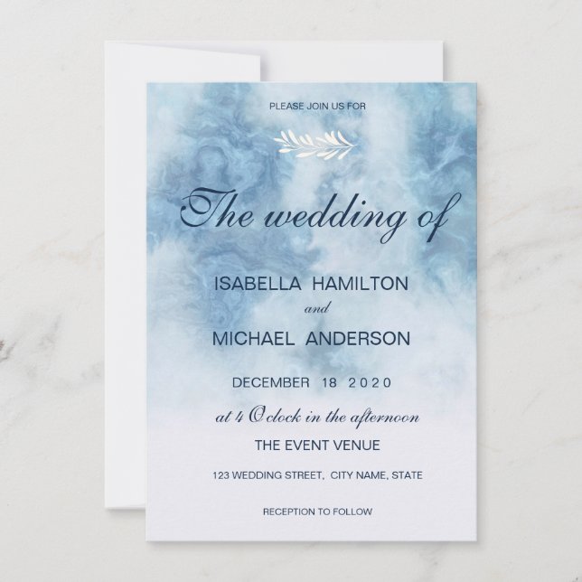 Invitación Dusty Blue Winter Script Caligrafía Rama Blanca (Anverso)