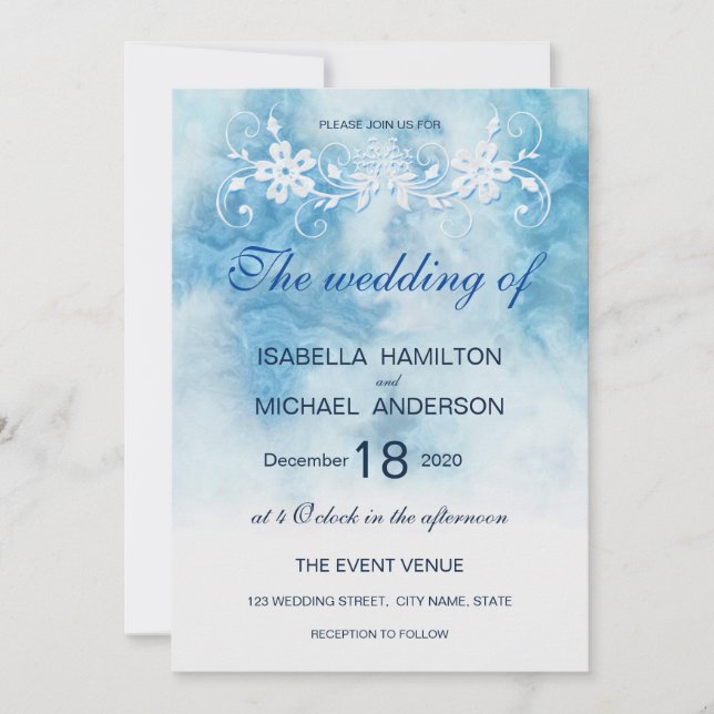 Invitación Dusty Blue Winter Script Calligraphy Watercolor (Anverso)