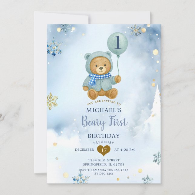 Invitación Dusty Blue Winter Snowflake Beary Primer cumpleaño (Anverso)
