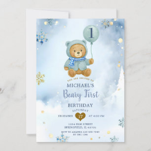 Invitación Dusty Blue Winter Snowflake Beary Primer cumpleaño