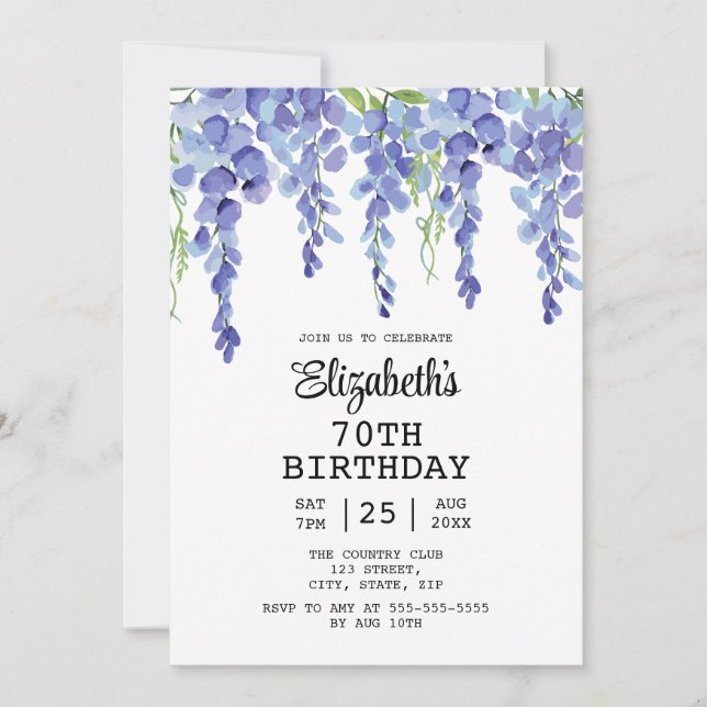 Invitación Dusty Blue Wisteria Floral Greenery 70 cumpleaños (Anverso)