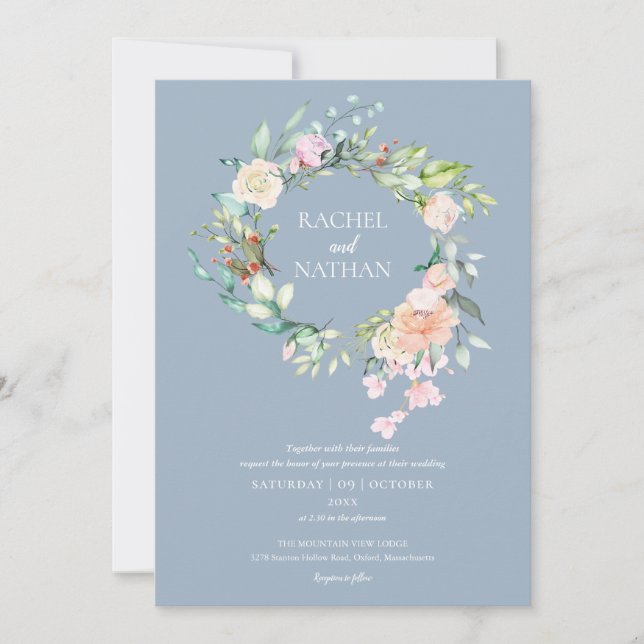 Invitación Dusty Blue Woodland Rosas Greenery Floral Boda (Anverso)