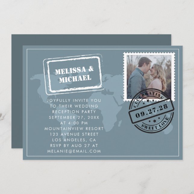 Invitación Dusty Blue World Map Destination Wedding Reception (Anverso / Reverso)