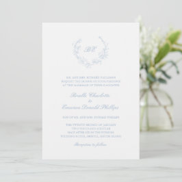 Invitación Dusty Blue Wreath Monograma QR Código Boda Elegant