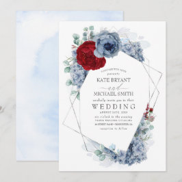 Invitación Dusty Blue y Borgoña Red Floral Elegante Boda
