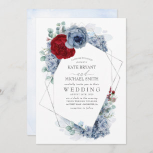 Invitación Dusty Blue y Borgoña Red Floral Elegante Boda