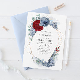 Invitación Dusty Blue y Borgoña Red Floral Elegante Boda