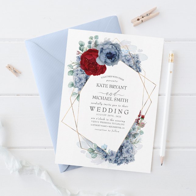Invitación Dusty Blue y Borgoña Red Floral Elegante Boda (Subido por el creador)