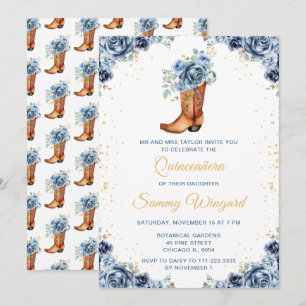 Invitación Dusty Blue y Botín de Vaquero Floral Dorado Quince
