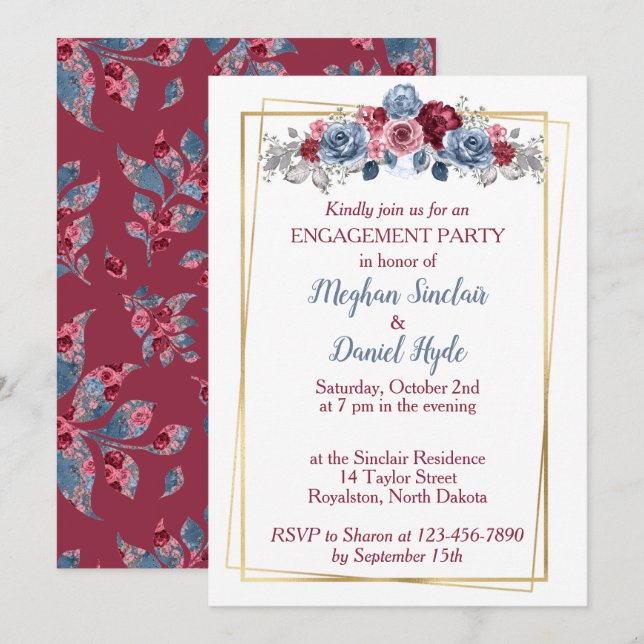Invitación Dusty Blue y Burgundy Boda Engagement Party (Anverso / Reverso)