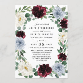 Invitación Dusty Blue y Burgundy Boho Fall Ensayo de cena