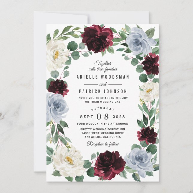 Invitación Dusty Blue y Burgundy Cranberry Fall Wedding (Anverso)