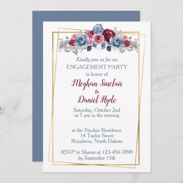 Invitación Dusty Blue y Burgundy Engagement Party (Anverso / Reverso)