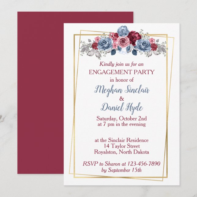 Invitación Dusty Blue y Burgundy Engagement Party (Anverso / Reverso)