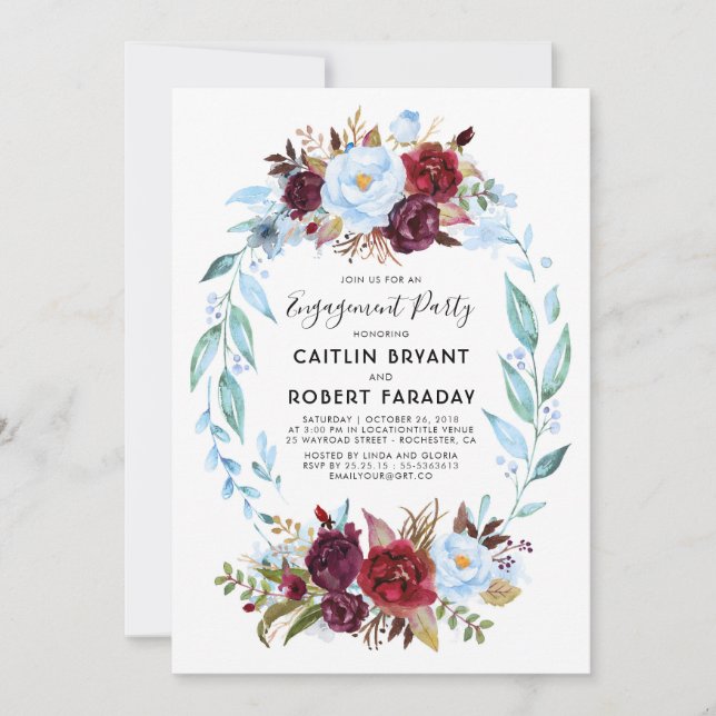 Invitación Dusty Blue y Burgundy Red Engagement Party (Anverso)