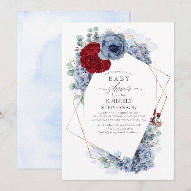 Invitación Dusty Blue y Burgundy Red Floral Baby Shower (Anverso / Reverso)