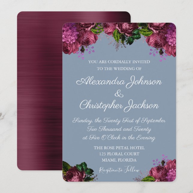 Invitación Dusty Blue y Cranberry Burgundy Boda (Anverso / Reverso)