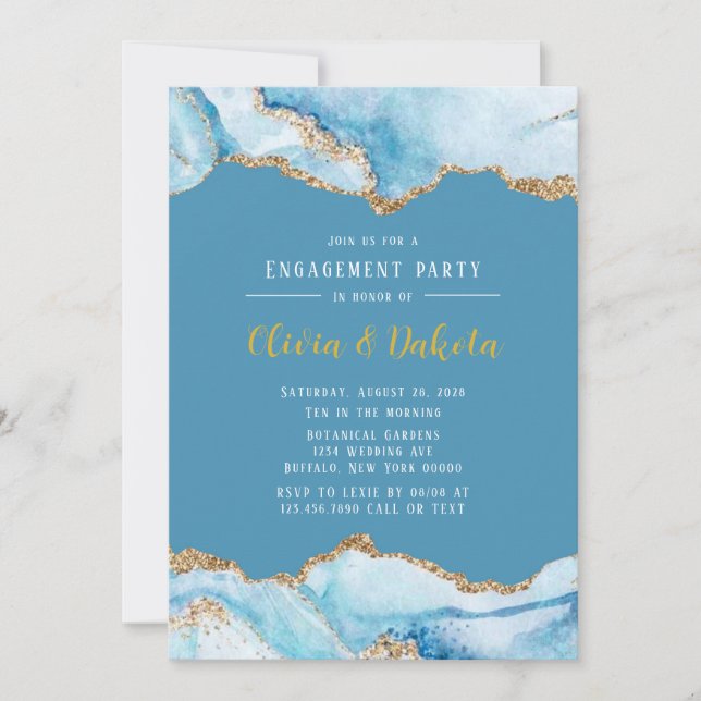 Invitación Dusty Blue y Gold Agate Engagement Party (Anverso)