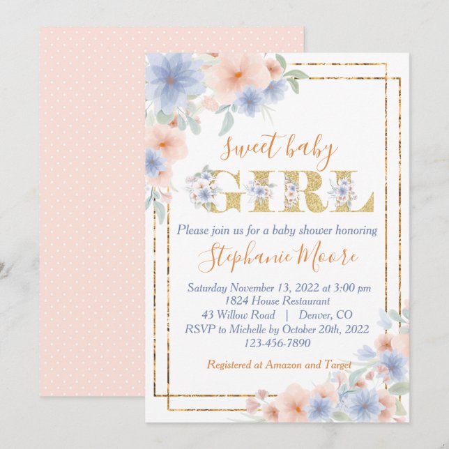 Invitación Dusty Blue y Peach Floral Baby Shower (Anverso / Reverso)