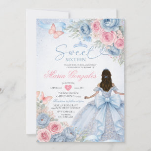 Invitación Dusty Blue y Rosa Floral Princesa Cumple Dieciséis