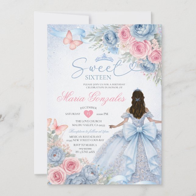 Invitación Dusty Blue y Rosa Floral Princesa Cumple Dieciséis (Anverso)