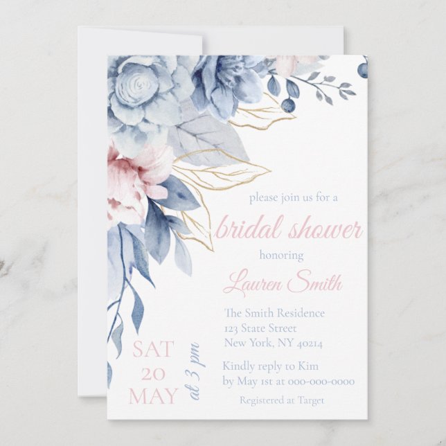 Invitación Dusty Blue y Rosa Floral Té de Novia  (Anverso)