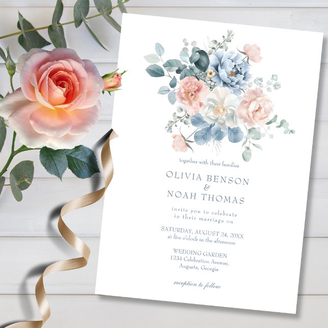 Invitación Dusty Blue y Rubor Pink Floral Garden Wedding (Subido por el creador)
