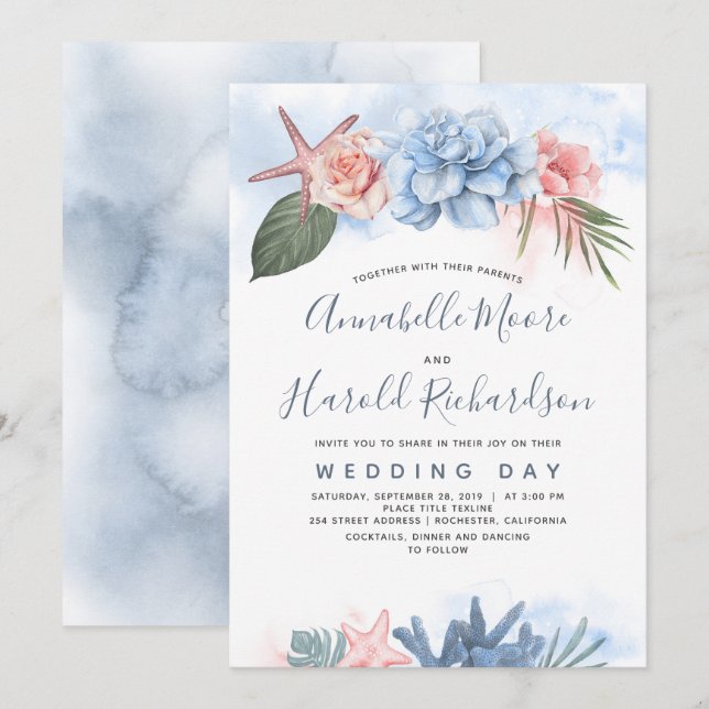 Invitación Dusty Blue y Rubor Tropical Beach Wedding (Anverso / Reverso)