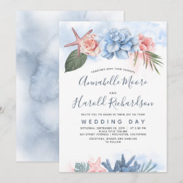 Invitación Dusty Blue y Rubor Tropical Beach Wedding