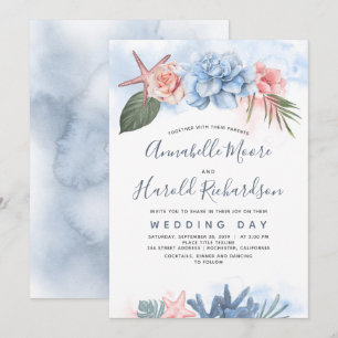 Invitación Dusty Blue y Rubor Tropical Beach Wedding