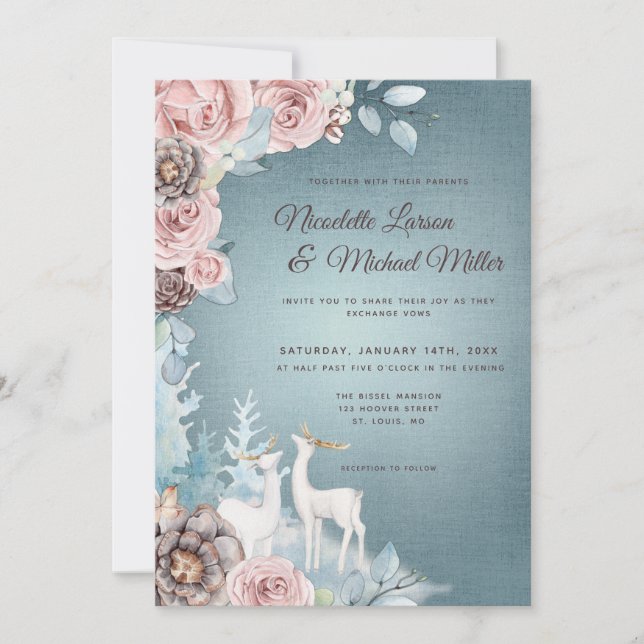 Invitación Dusty Blue y Rubor Woodland Winter Wedding (Anverso)
