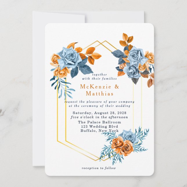 Invitación Dusty Blue y Rusty Peony Floral Gold Boda (Anverso)