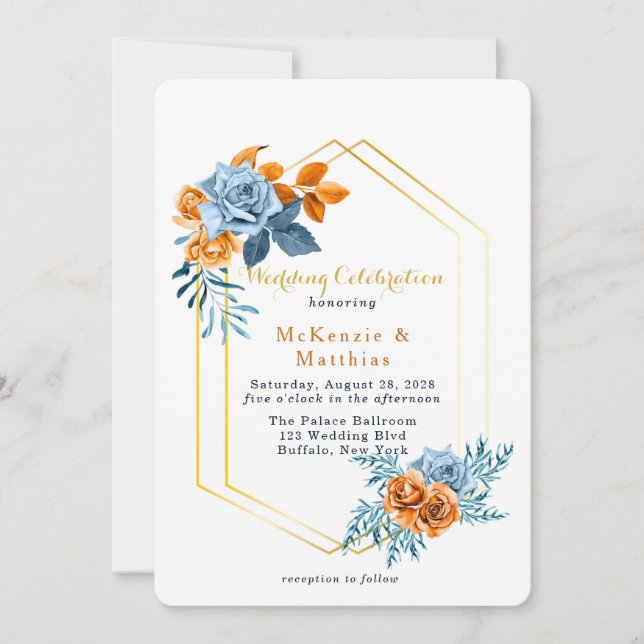 Invitación Dusty Blue y Rusty Peony Floral Gold Boda (Anverso)
