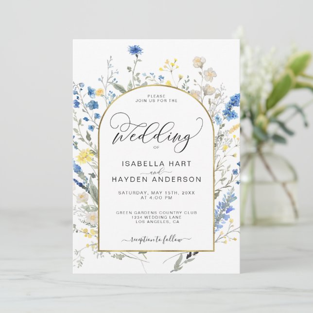 Invitación Dusty Blue Yellow Dainty Floral Boda Botánico (Anverso de pie)