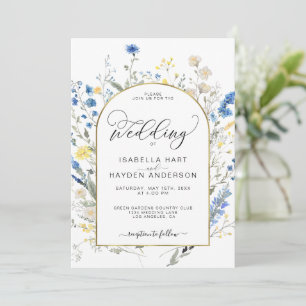 Invitación Dusty Blue Yellow Dainty Floral Boda Botánico