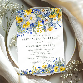 Invitación Dusty Blue Yellow Daisy Wildflowers Boho Wedding