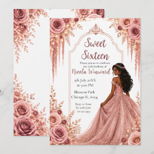 Invitación Dusty Blush Rosa y Floral Dorado Cumpleaños Diecis
