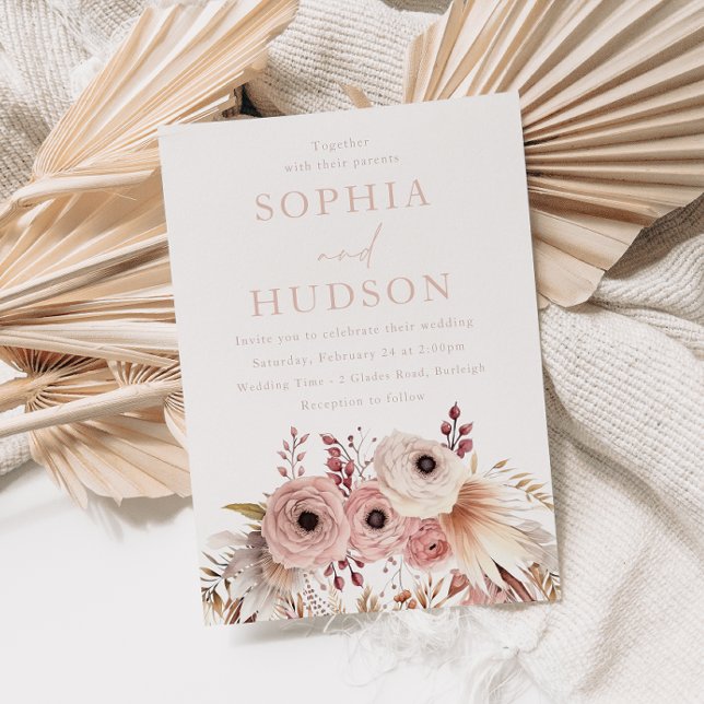 Invitación Dusty Boda de Rubor Boho Floral Pampas (Subido por el creador)