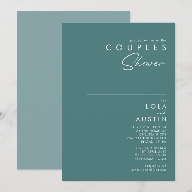 Invitación Dusty Boho | Ducha de parejas verdes y azules (Anverso / Reverso)