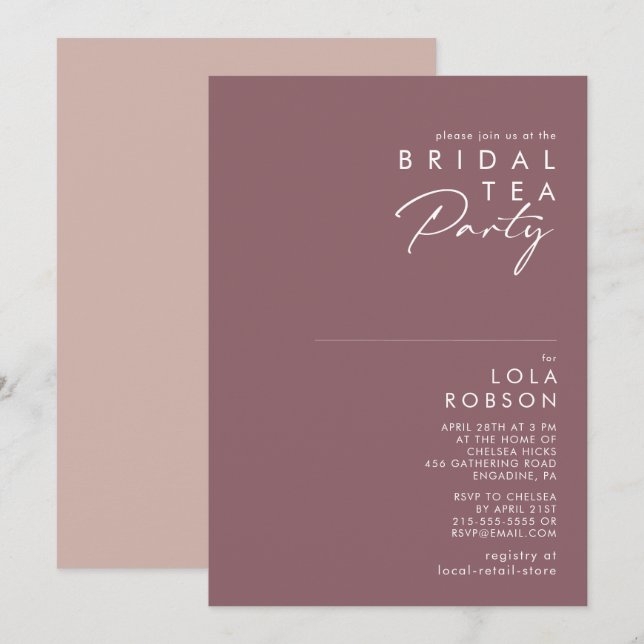 Invitación Dusty Boho | Morado y Rosa Fiesta de té de novia (Anverso / Reverso)